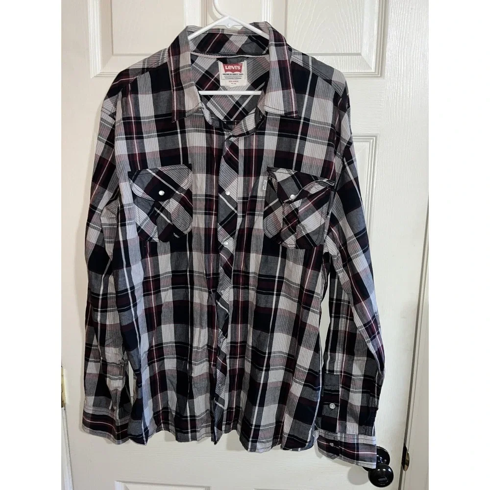 Levis western shirt Mens XXL 2XL Long Sleeve Button Up‎ Pearl Snap Plaid